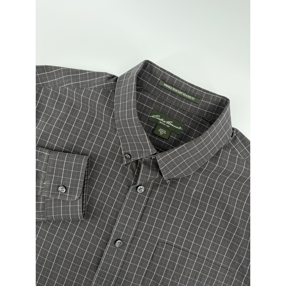 Eddie‎ Bauer Mens Long Sleeve Shirt XLT Gray Check Wrinkle Resistant Relaxed Fit